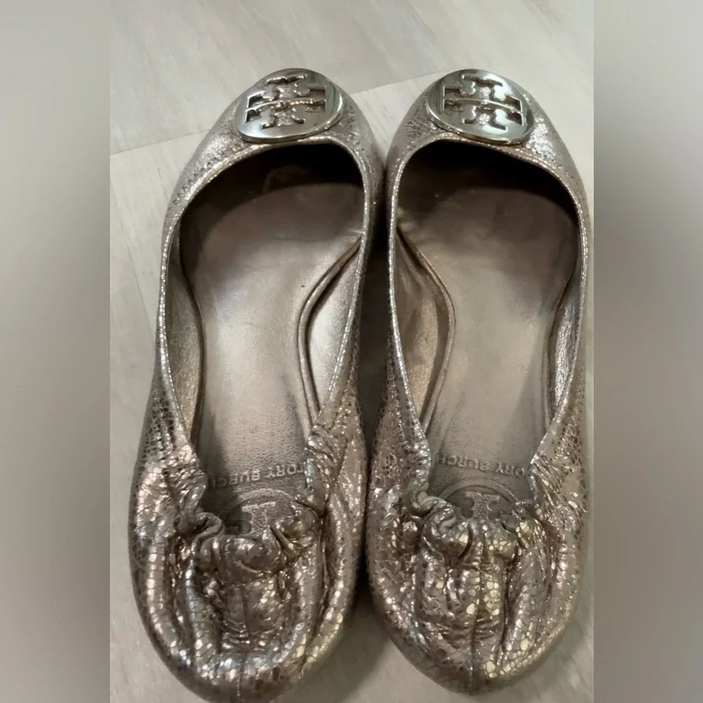 Tory Burch‎ Metallic Bronze Embossed Leather Ballet Flats Women's Size 8M